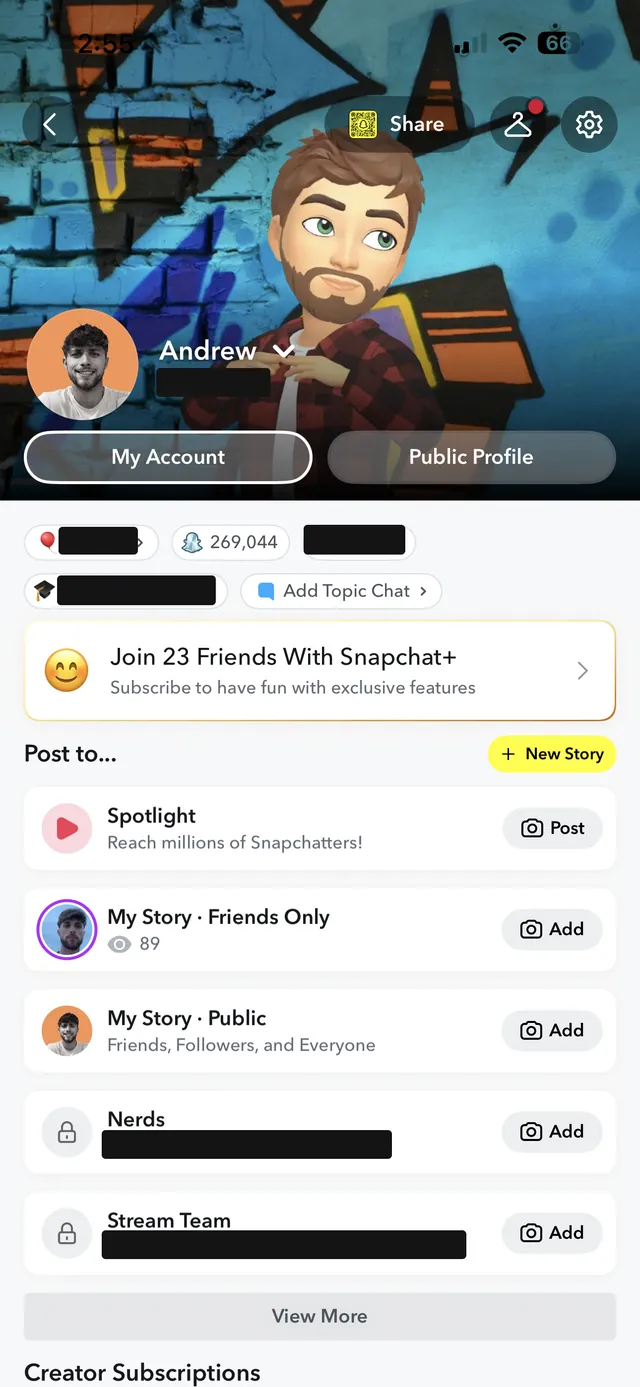 Snapchat profile screen with the Settings gear in the top-right corner
