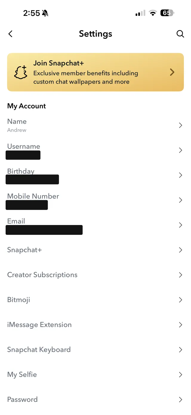 Snapchat Settings screen showing the My Account section