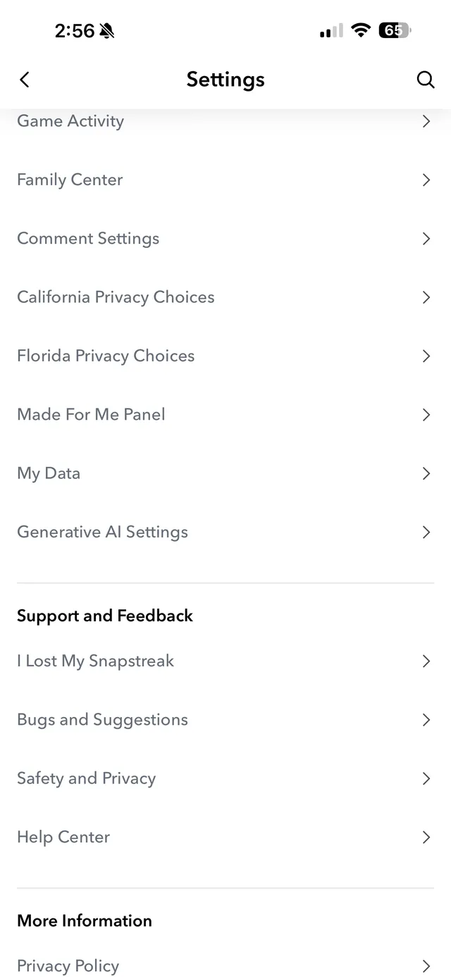 Snapchat Settings scrolled to the My Data row beneath the privacy options