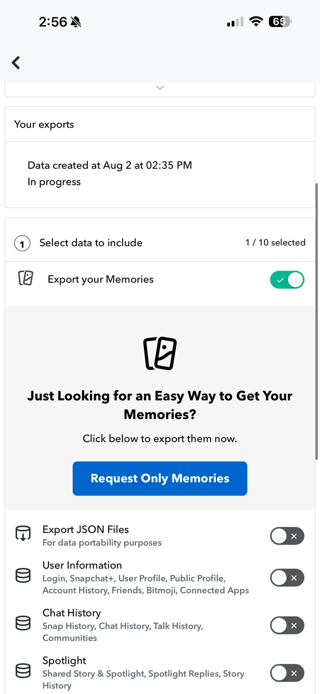 Snapchat My Data screen with the Export your Memories toggle switched on and a blue Request Only Memories button