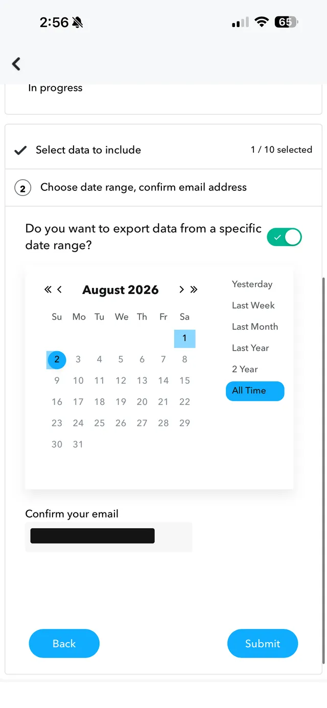 Snapchat export screen with the All Time date range selected and an email confirmation field above the Submit button