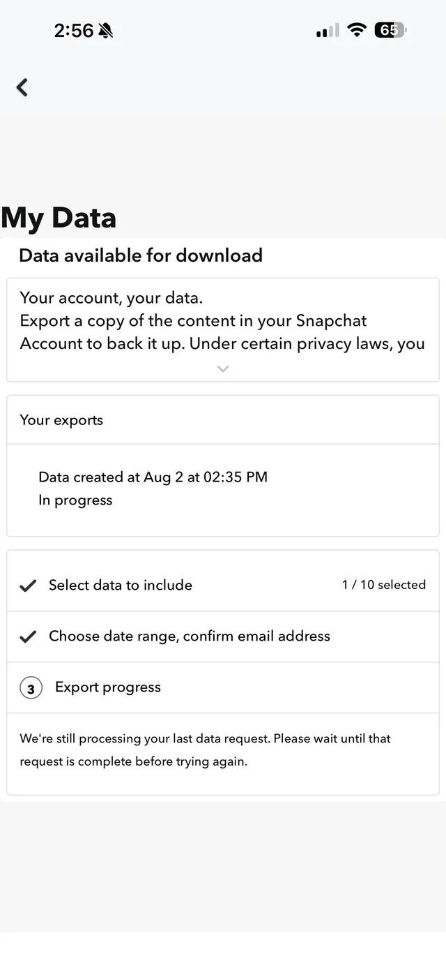 Snapchat My Data screen showing an export request marked in progress